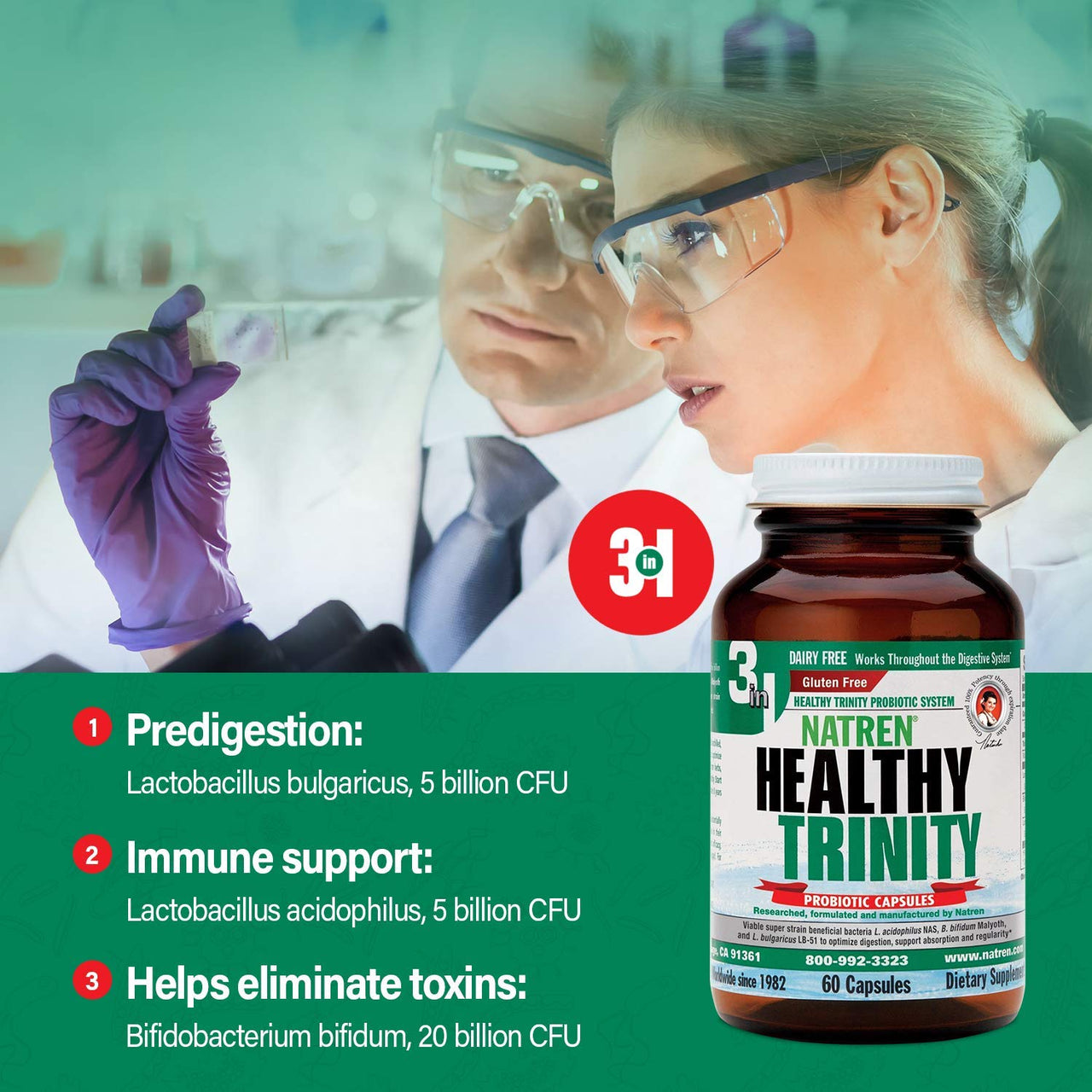 Natren Healthy Trinity Probiotics Supplement - 60 Dairy and Gluten Free Gel Capsules - Improve Gut and Digestive Health, - 30 Billion CFU - Lactobacillus Acidophilus, Bifidobacterium, Bulgaricus