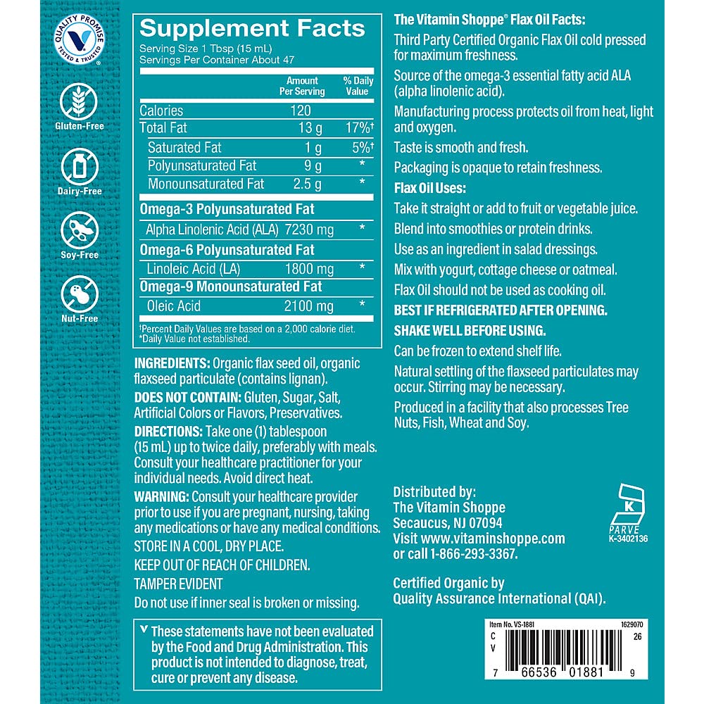 The Vitamin Shoppe Organic High Lignan Flax Oil, Essential Fatty Acids That Supports Cardiovascular & Immune Health(24 Fluid Ounces Liquid)