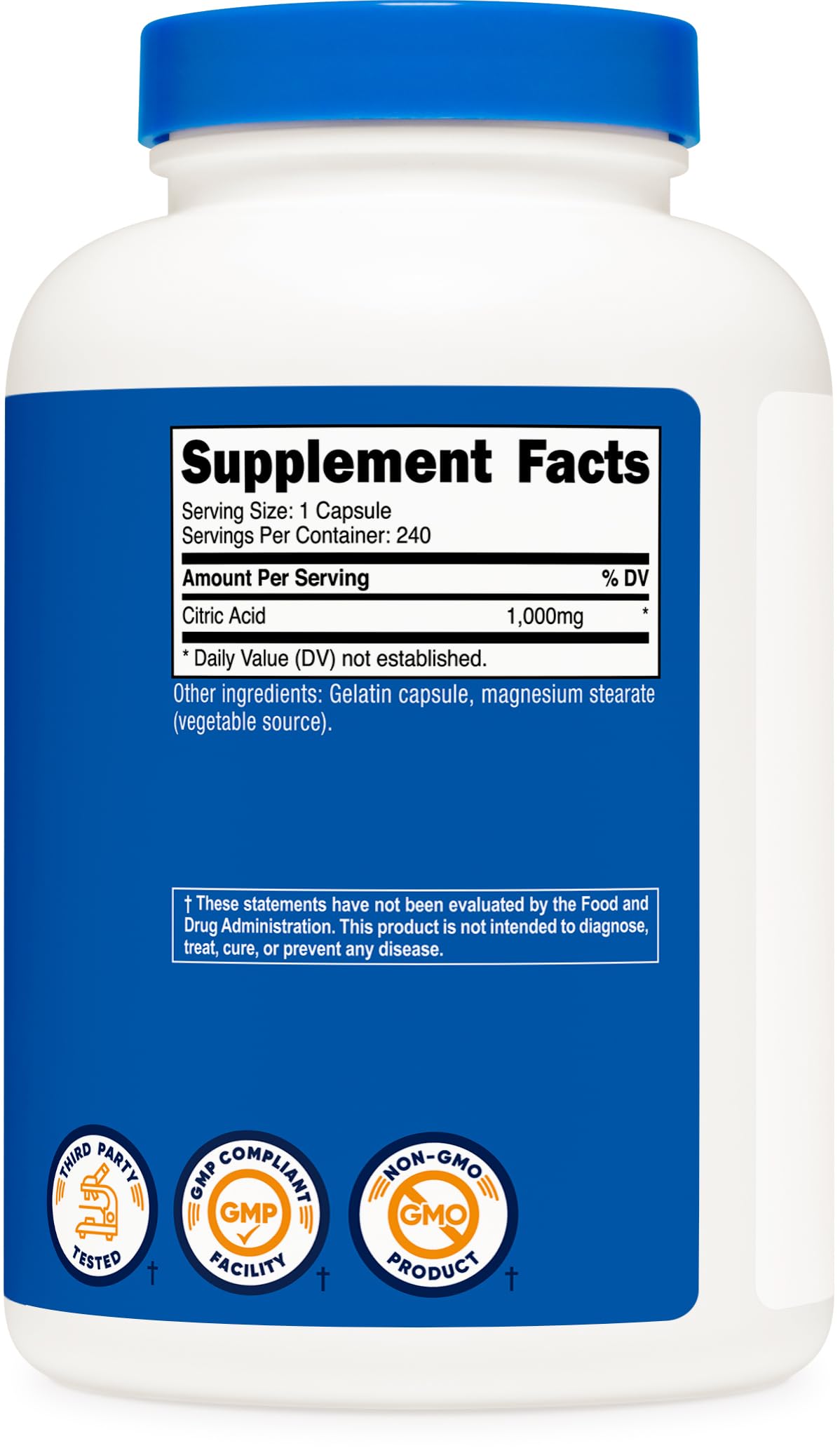 Nutricost Citric Acid 1000mg (1 gram), 240 Capsules - Gluten Free, Non-GMO