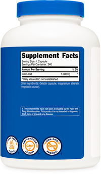 Thumbnail for Nutricost Citric Acid 1000mg (1 gram), 240 Capsules - Gluten Free, Non-GMO