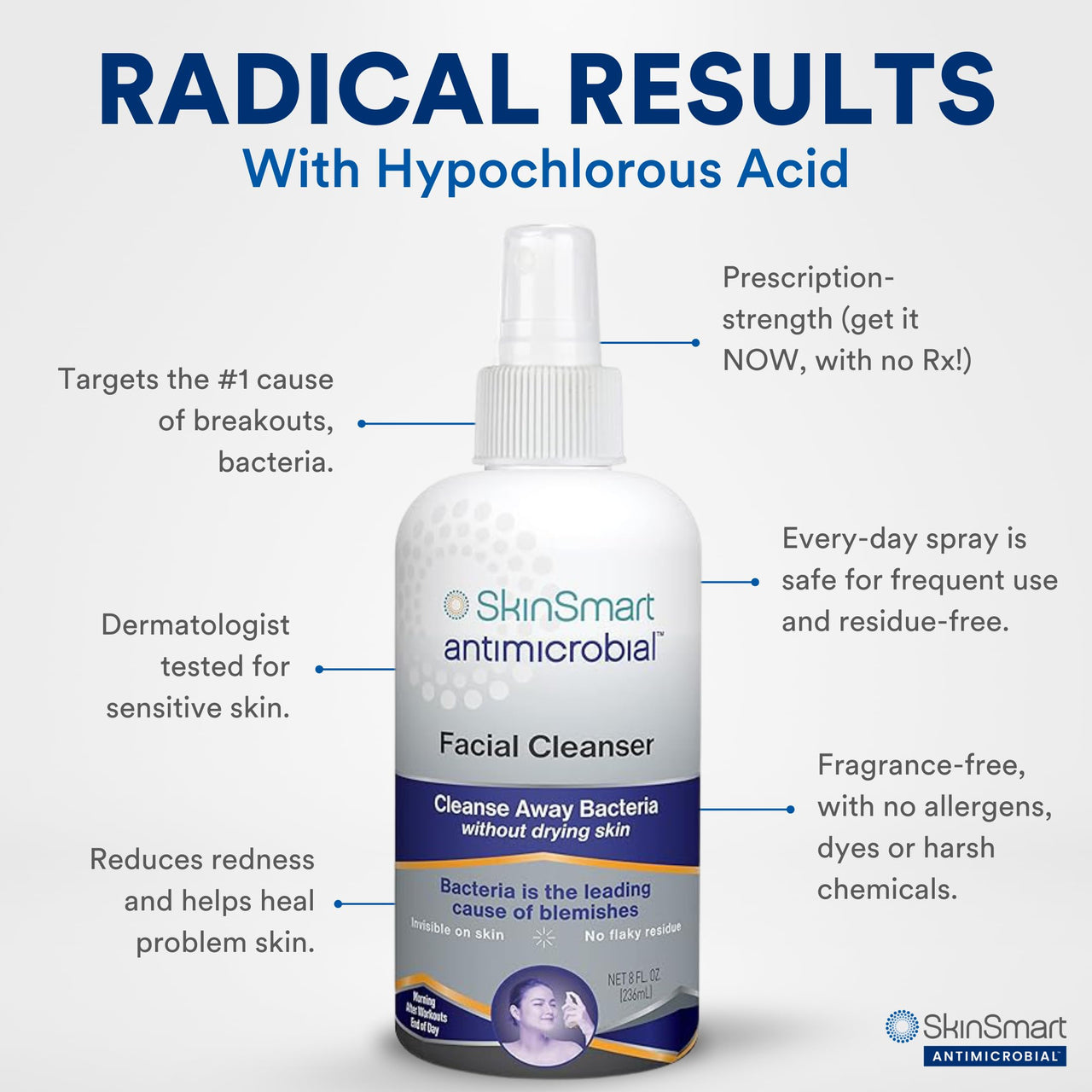 SkinSmart Facial Cleanser for Breakouts, Targets Bacteria for Post-Workout Pimples, Blemishes and Sweat Irritation; 8 oz Spray, Safe for All Ages: Adults and Teens