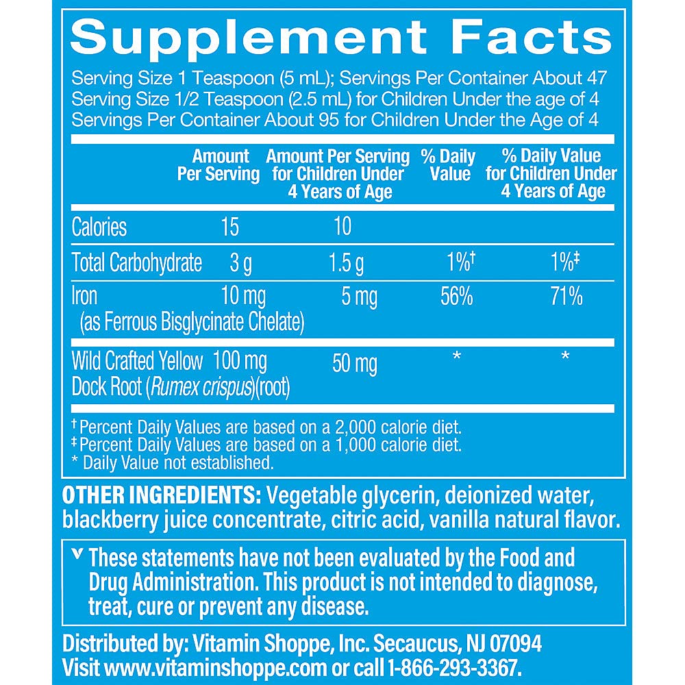 The Vitamin Shoppe Liquid Iron - Easy Absorption BlackBerry Vanilla | Non-Constipating Energy | 16 oz | Gentle Formula