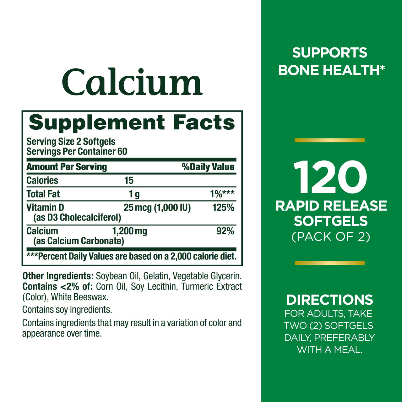 Nature's Bounty Calcium 1200 mg with Vitamin D3 - Bone Health Softgels, Calcium and Vitamin D Supplement, 120 Ct (2-Pack)