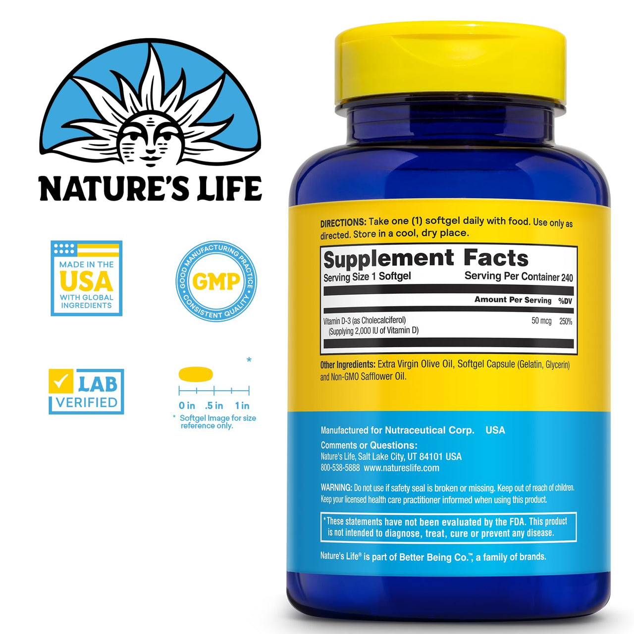 Nature's Life Strengthening Vitamin D3 2000 IU (50 mcg) - Vitamin D - Bone Health and Immune Support Supplement - Easy-to-Swallow Softgels - 60-Day Guarantee, Lab Verified - 240 Servings, 240ct