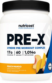 Thumbnail for Nutricost Pre-X Xtreme PreWorkout Powder Complex, Peach Mango, 60 Servings, Vegetarian, Non-GMO and Gluten Free