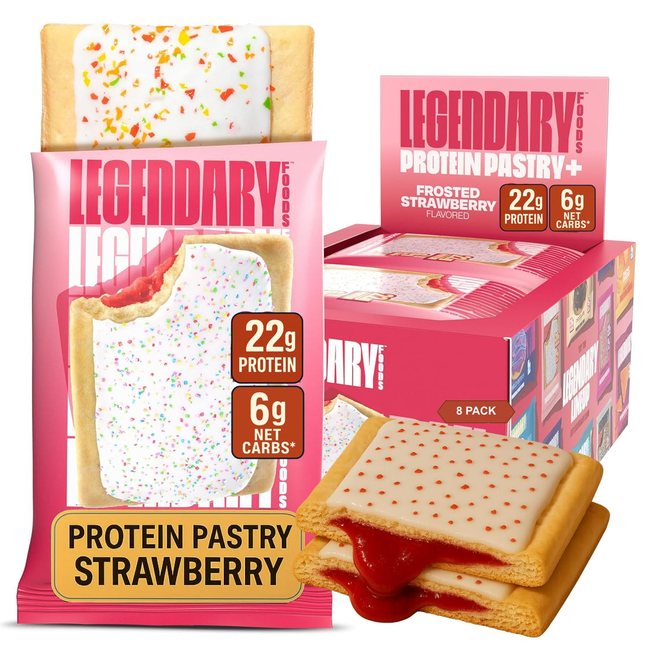 Legendary Foods 22g Protein Pastry+ Premium Low Carb Meal Replacement Bar - Low Glycemic, Gluten Free Protien Snacks - Healthy Keto Snack Box, 8x Zero Sugar Energy Bars - Bariatric Diabetic Friendly