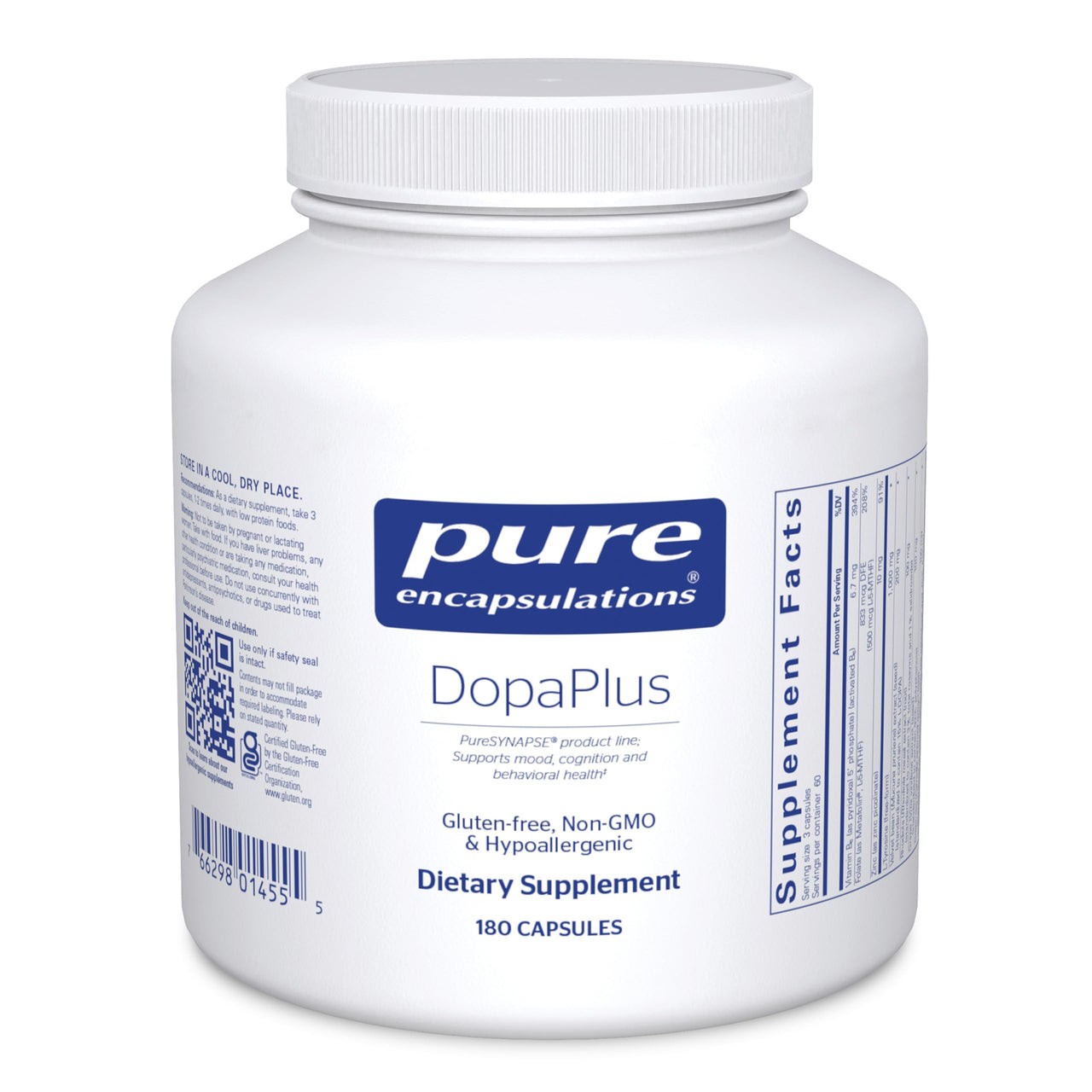 Pure Encapsulations DopaPlus - Supports Dopamine Production - for Daily Brain Function* - with L-Tyrosine, Folate, Vitamin B6 & L-5-MTHF - Non-GMO & Vegan - 180 Capsules