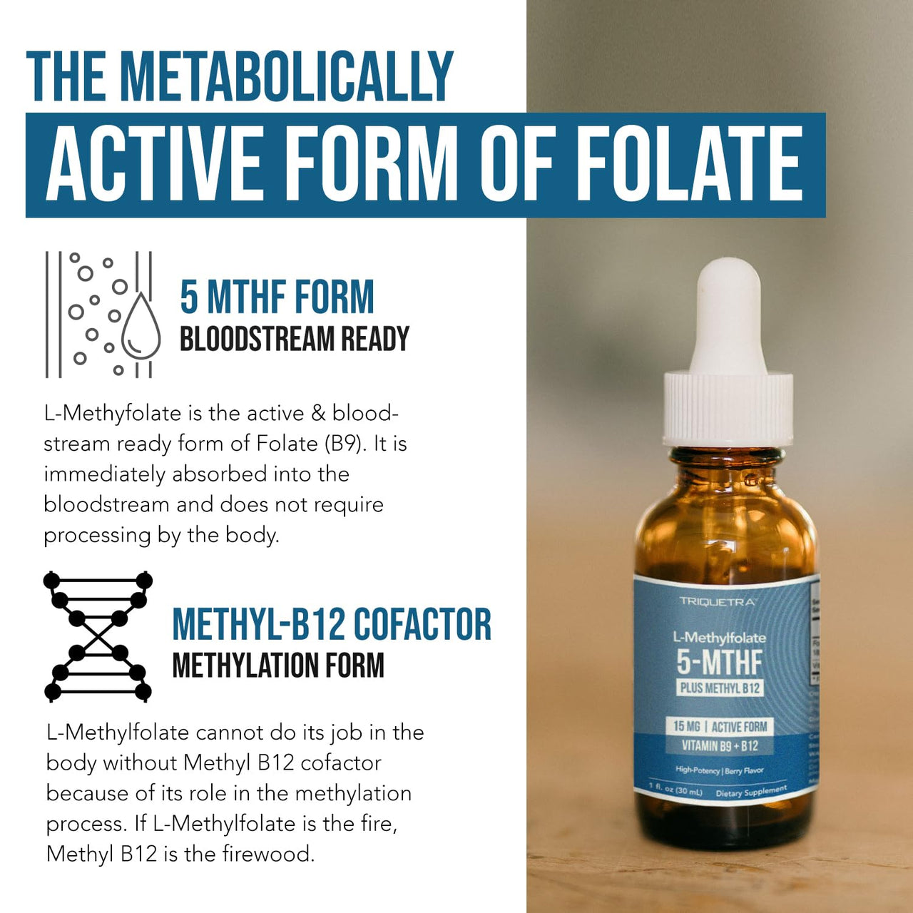 L Methyl Folate 15mg Plus Methyl B12 Cofactor – Organic Berry Flavor, High Potency Liquid Sublingual Active 5-MTHF Form - Supports Mood, Methylation, Cognition – Bioactive Forms Vitamin B9 & B12 (1oz)
