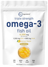 Thumbnail for Micro Ingredients Triple Strength Omega 3 Fish Oil Supplements 4200mg Per Serving, 240 Softgels – Lemon Flavored – Burpless | EPA 1200mg + DHA 900mg | Deep Sea Fish
