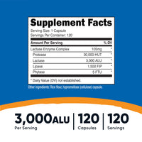 Thumbnail for Nutricost Lactase Enzyme Complex 3,000 FCC ALU, 120 Vegetarian Capsules - Non-GMO, Gluten Free, 120 Servings