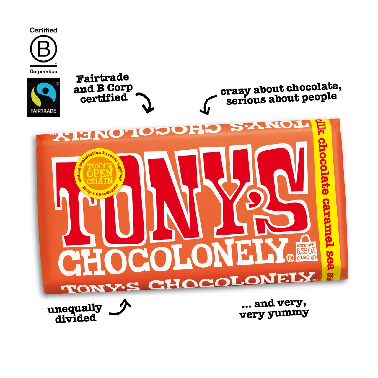 Tony’s Chocolonely Belgian Milk Chocolate Candy Bar With Caramel & Sea Salt, Chocolate Bars for Snacks, Party Favors, or Gifts, 32% Cacao, Made From Quality Fairtrade Cocoa, 4 Bars, 6.35 Oz Each