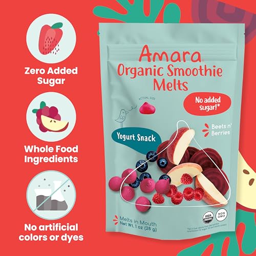 Image 5 of Amara Smoothie Melts - Beets n' Berries- Organic Baby Snacks w/ Fruits & Veggies - Plant Based Yogurt Melts - Healthy Toddler Snack - Activity Book Included - Enjoy From 10+ Mos - 6 Resealable Bags