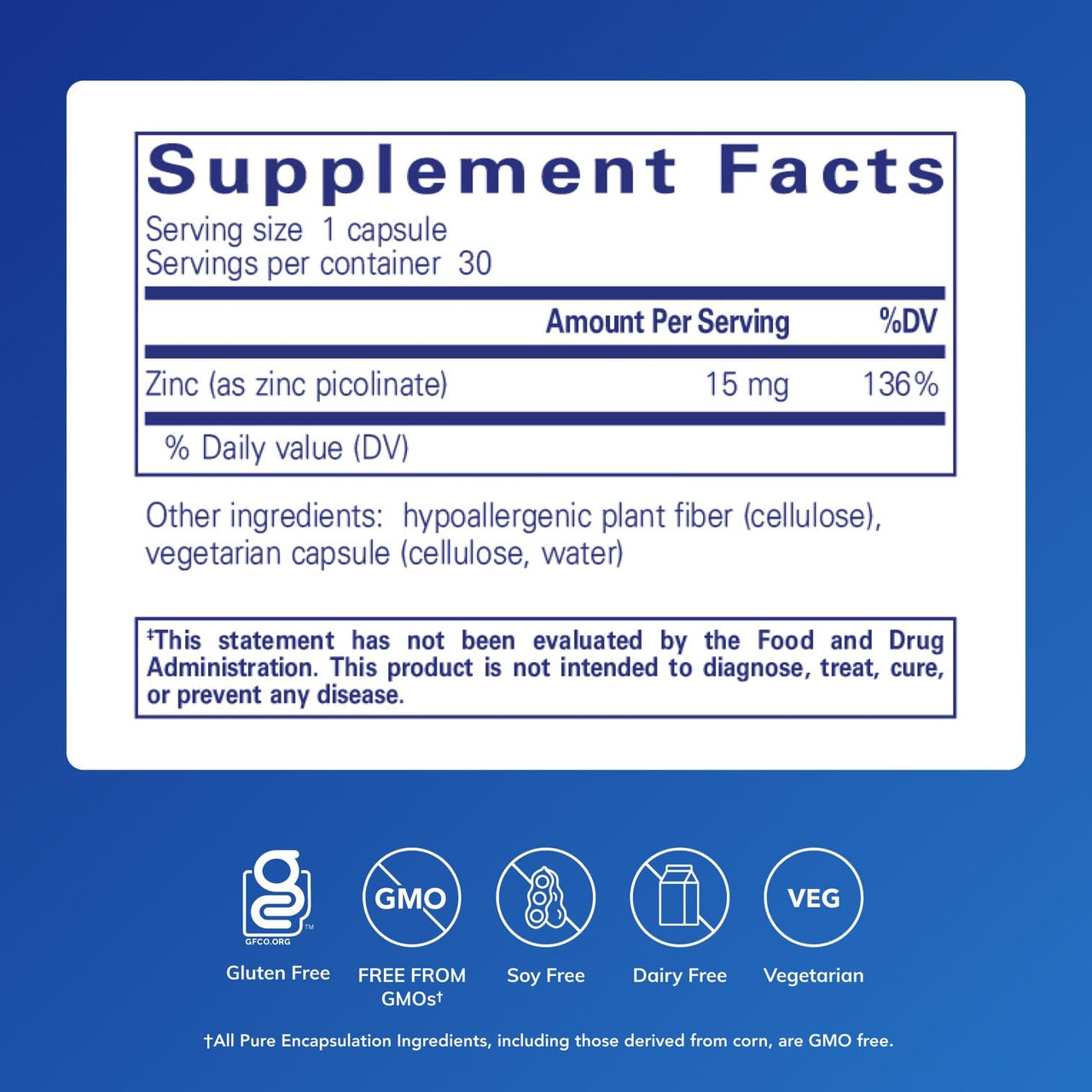 Pure Encapsulations Zinc 15 mg - Zinc Picolinate Supplement for Immune System Support, Growth & Development - for Wound Healing - 30 Capsules