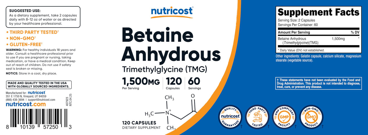 Nutricost Betaine Anhydrous Capsules 1500mg, 60 Servings - Gluten Free, Non-GMO, 750mg Per Cap, 120 Capsules
