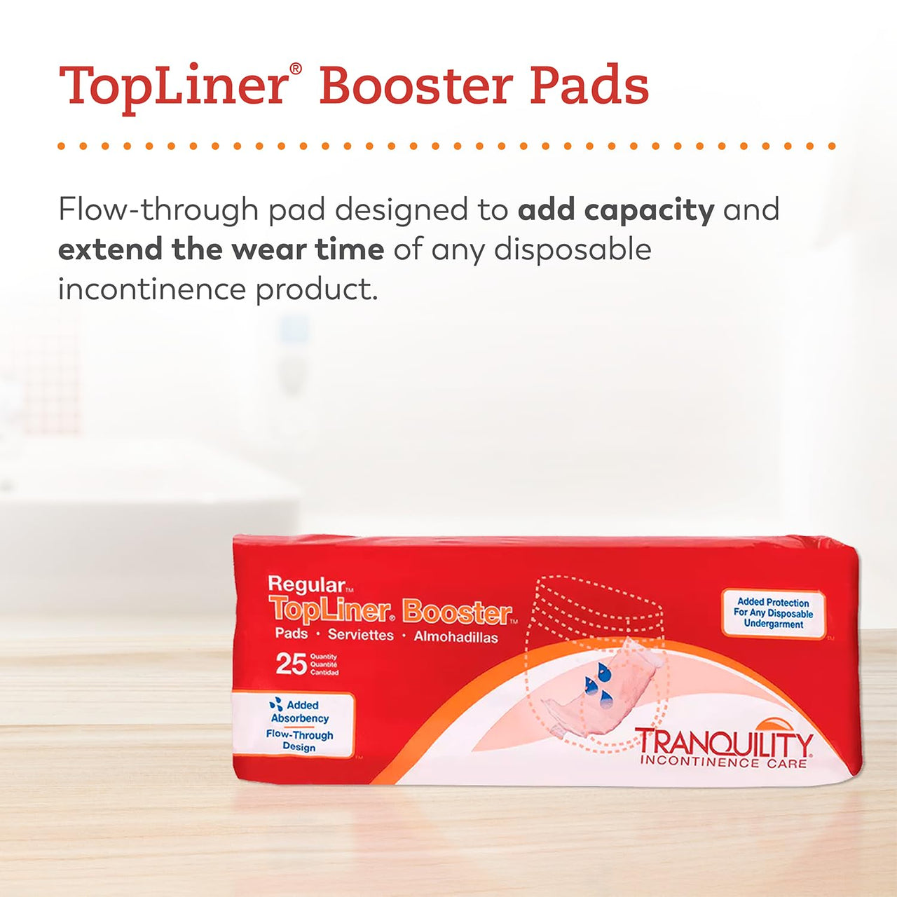 Tranquility TopLiner Disposable Booster Pads, Super (15" x 4.25"), Flow-Through Design with Adhesive Strip for Max Absorption, Adult Unisex, 25ct Bag