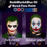 Thumbnail for Halloween Joker Clown Makeup Kit - Joker Make Up Kit Includes White Red Black Blue Oil Based Face Body Paint and 20g Green Temporary Hair Color Wax, Powder Puff and 3 Blue Brushes, for Joker Cosplay