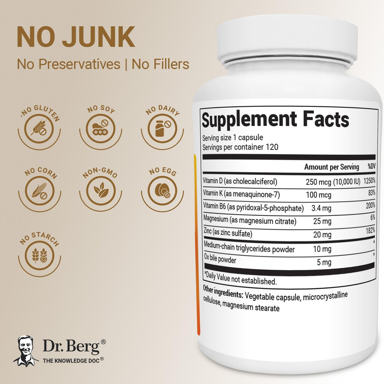 Dr. Berg Maximum Strength 2-in-1 Vitamin D3 K2 10,000 IU | Naturally Derived D3 | 4X Lab-Tested & Verified | High Absorption Formula | K2 D3 Vitamin Supplement - 120 Capsules