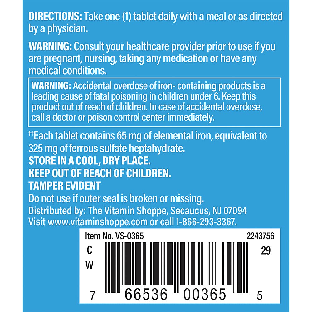 The Vitamin Shoppe Iron 65 MG - Red Blood Cell Production, Energy & Oxygen Transport Support, Essential Mineral