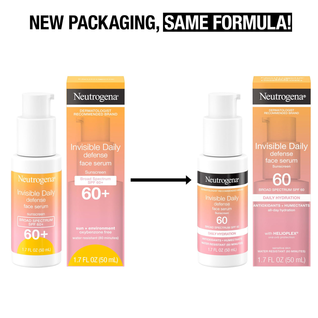 Neutrogena Invisible Daily Defense Broad Spectrum SPF 60, Antioxidants for Skin Glow, Hydrating Face Sunscreen Serum, Water Resistant (80 minutes), Oil-Free, Fragrance Free, Non Comedogenic, 1.7 Fl Oz