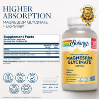 Thumbnail for SOLARAY Magnesium Glycinate Capsules, Chelated Magnesium Bisglycinate w/BioPerine, Higher Absorption Magnesium Supplement - Bones, Muscles, Heart Support, Vegan, 68 Servings, 275 VegCaps