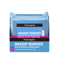 Thumbnail for Neutrogena Makeup Remover Wipes Micellar Alcohol-Free Face Towelettes Remove Waterproof Mascara & Oil, Compostable 100% Plant-Based Cloth, Dermatologist & Ophthalmologist Tested, Twin Pack 2 x 25 ct