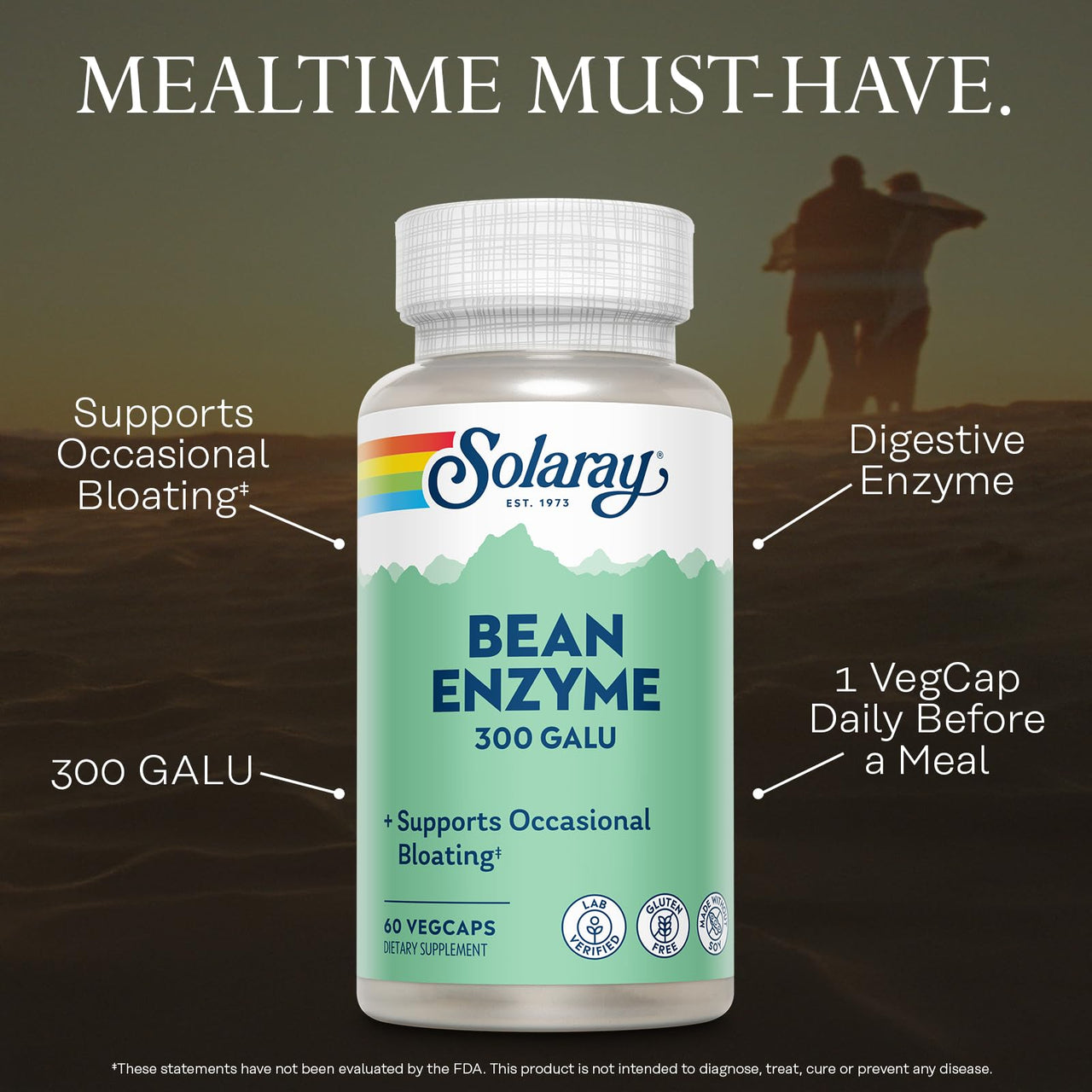 SOLARAY Bean Enzyme 300 GalU - Alpha Galactosidase Digestive Enzymes for Women and Men - Digestive Health Supplement - Supports Occasional Bloating for Adults - 60 Servings, 60 VegCaps