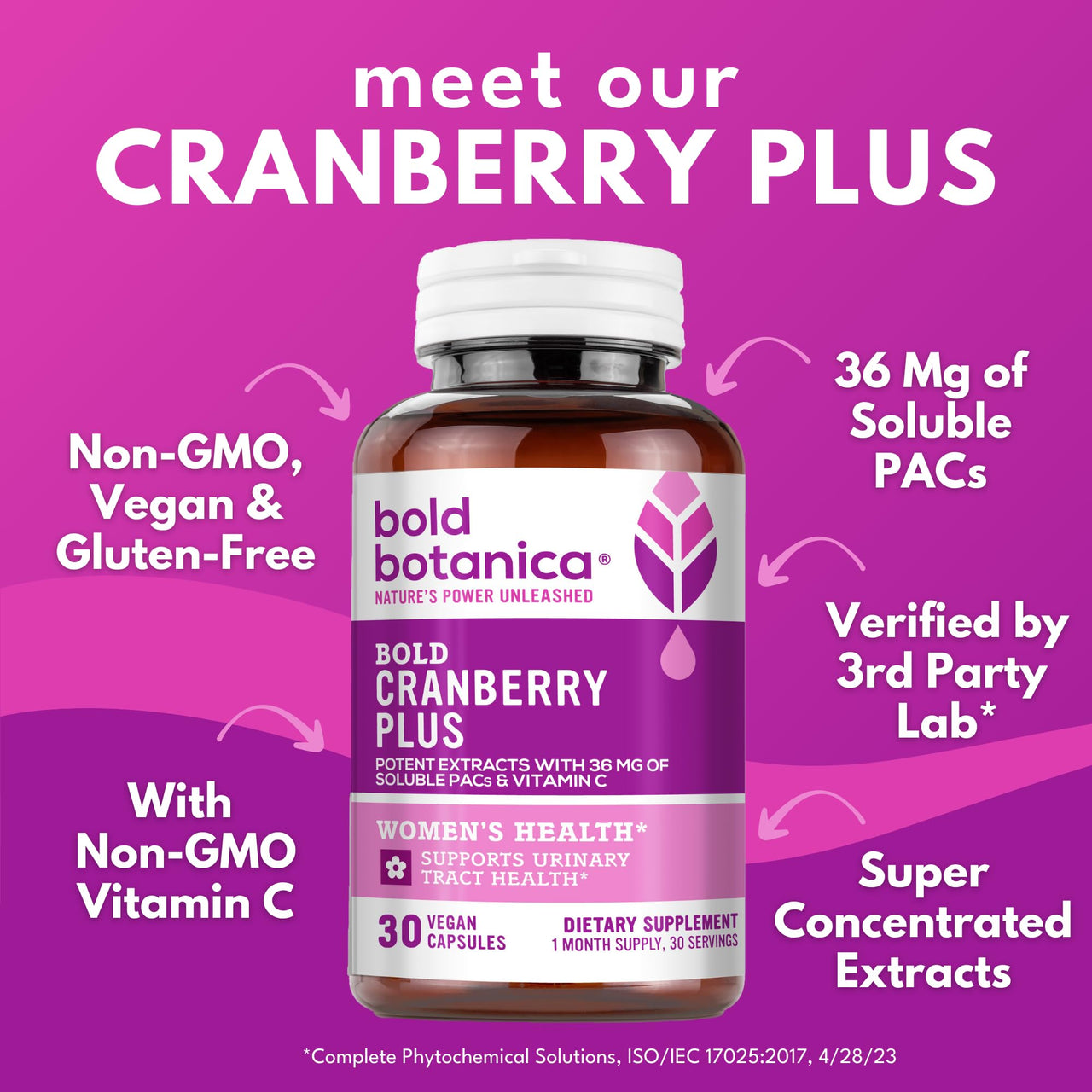 Bold Cranberry Plus Extract - 100% Soluble 36mg PACs - Cranberry Supplement for Women & Men with Urinary Tract Support, Non-GMO Vitamin C â€” 1 Caps = 1 Glass Juice â€” 30 Vegan Capsules, 1 Month Supply