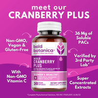 Thumbnail for Bold Cranberry Plus Extract - 100% Soluble 36mg PACs - Cranberry Supplement for Women & Men with Urinary Tract Support, Non-GMO Vitamin C â€” 1 Caps = 1 Glass Juice â€” 30 Vegan Capsules, 1 Month Supply