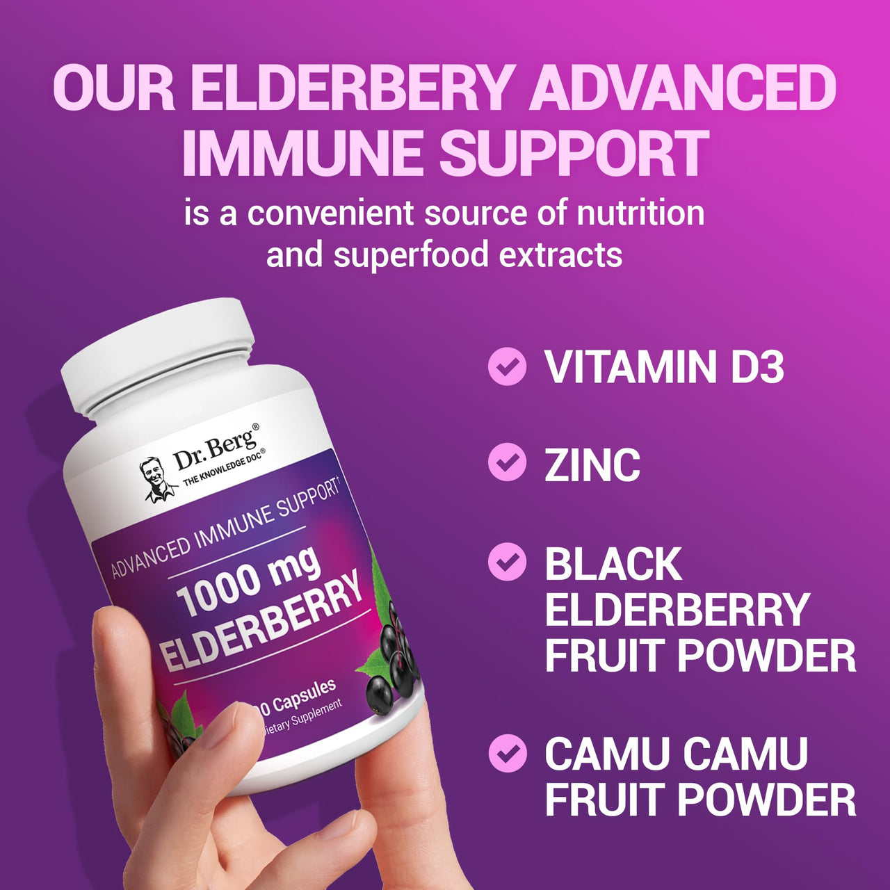 Dr. Berg Black Elderberry Capsules (Advanced Immune Support*) with 15,000 IU Vitamin D, 60 mg of Zinc, & 90 mg of Camu Camu - (4-in-1) Sambucus Elderberry Immune Support Supplement - 90 Capsules