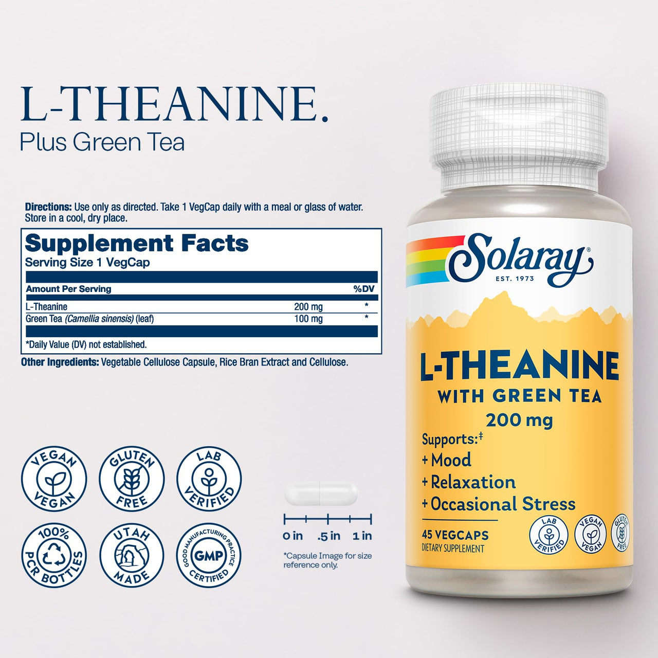 SOLARAY L-Theanine 200mg with Green Tea - Healthy Mood, Relaxation and Occasional Stress Support - Lab Verified, Vegan, Gluten Free - 45 Servings, 45 VegCaps