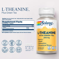 Thumbnail for SOLARAY L-Theanine 200mg with Green Tea - Healthy Mood, Relaxation and Occasional Stress Support - Lab Verified, Vegan, Gluten Free - 45 Servings, 45 VegCaps