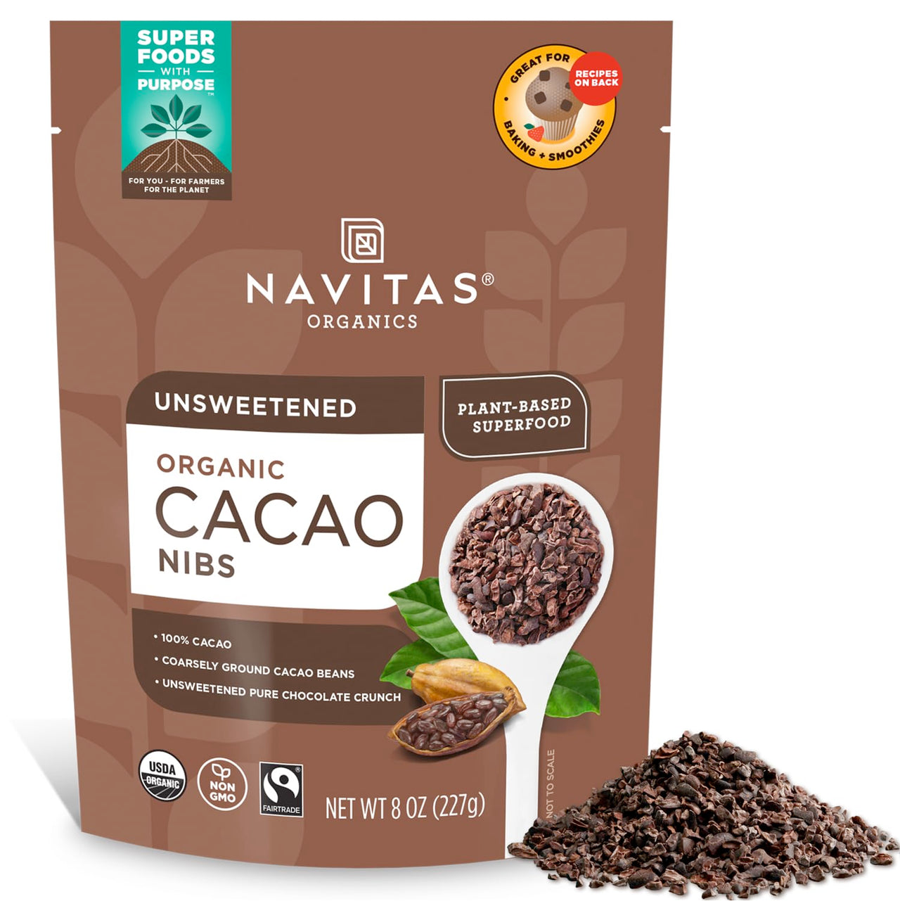 Navitas Organics Cacao Nibs â€“ Unsweetened Dark Chocolate Crunch â€“ Antioxidants, Minerals, Fiber â€“ For Trail Mix, Baking & More â€“ USDA Organic, Fairtrade, Non GMO, Gluten Free, Non-alkalized (8oz. Bag 76 Servings)
