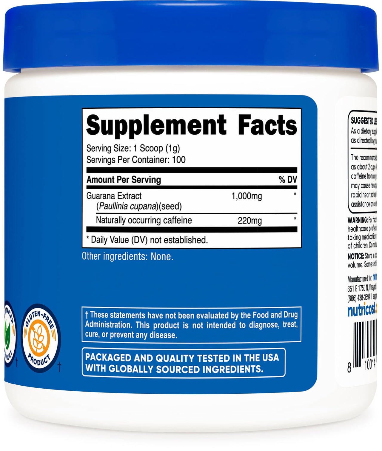 Nutricost Guarana Extract Powder 100 Grams Per Bottle - Natural Brazilian Herbal Caffeine Energizer Supplement