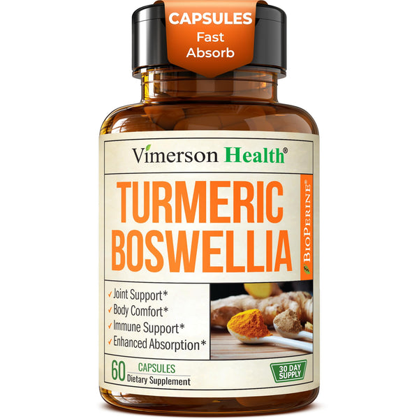 Turmeric Supplement w/Boswellia Serrata – Daily Support for Joint Health & Comfort – Organic Turmeric Curcumin Powder, Bioperine for Enhanced Absorption & Ginger Root – 60 Boswellia Extract Capsules
