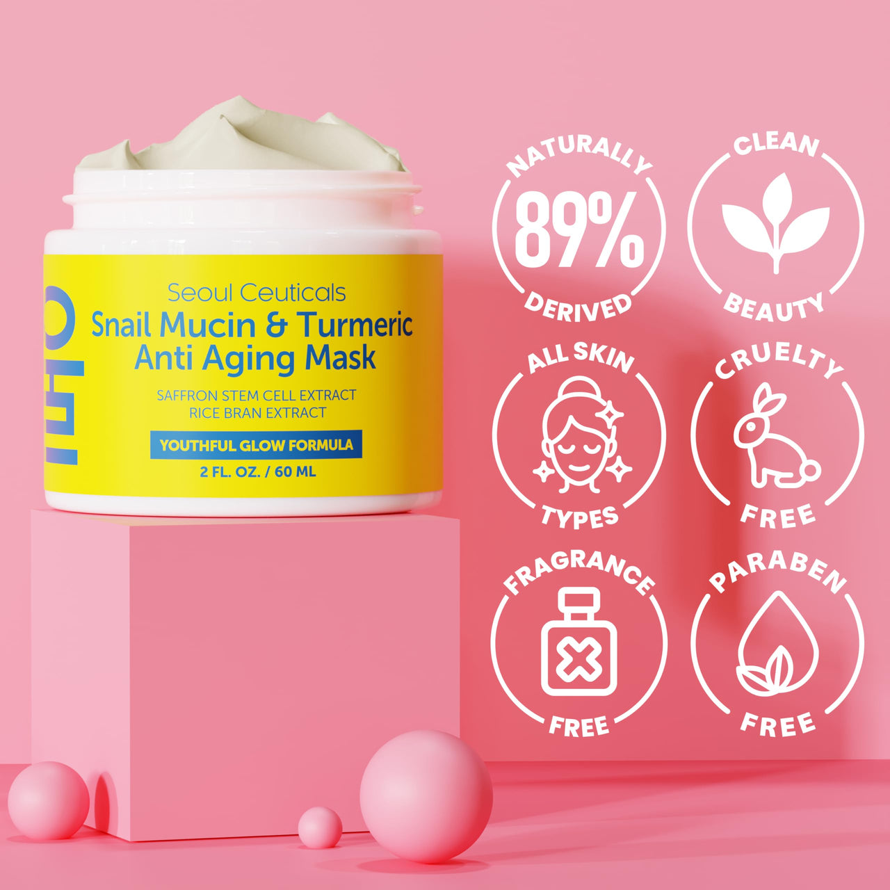 SeoulCeuticals Korean Face Mask Skin Care - Snail Mucin Turmeric Mask for Face – Cruelty Free K Beauty Anti Aging Face Mask for Healthy, Youthful Glow 2oz