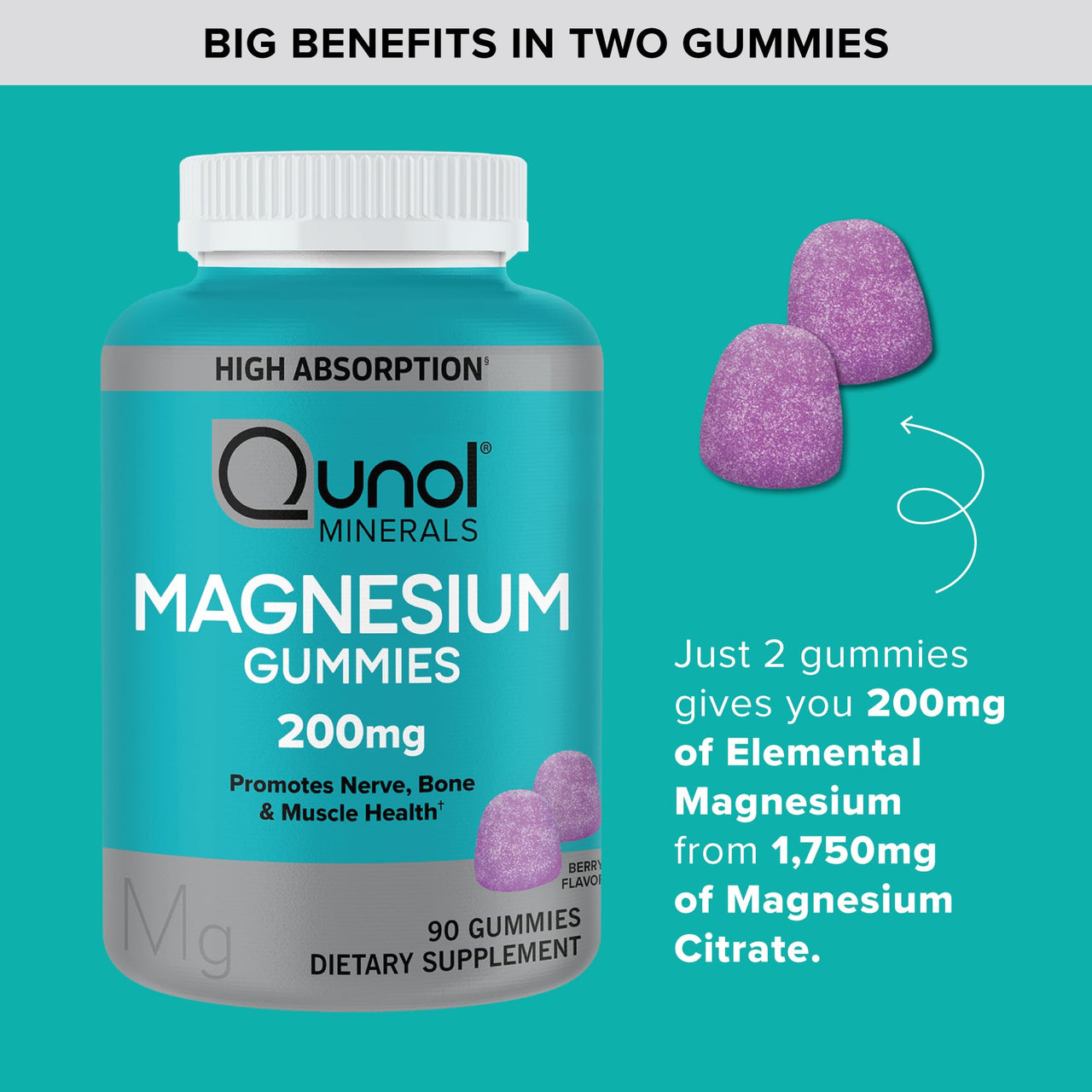 Qunol Magnesium Gummies for Adults, 200mg Elemental Magnesium (from 1,750mg Magnesium Citrate), High Absorption Magnesium Supplement, Supports Nerve, Bone and Muscle Health, Vegetarian, 90 CountQunol Magnesium Gummies for Adults, 200mg Elemental Magnesium