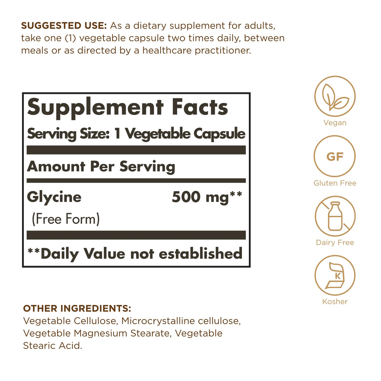 Solgar Glycine 500 mg - 100 Vegetable Capsules - Non-GMO, Vegan, Gluten Free, Dairy Free, Kosher - 100 Servings