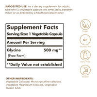 Thumbnail for Solgar Glycine 500 mg - 100 Vegetable Capsules - Non-GMO, Vegan, Gluten Free, Dairy Free, Kosher - 100 Servings