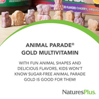 Thumbnail for NaturesPlus Animal Parade Gold Children's Multivitamin - Assorted Cherry, Orange & Grape Flavors - 120 Chewable Animal-Shaped Tablets - Vegetarian, Gluten Free - 60 Servings