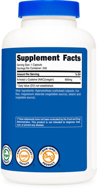 Thumbnail for Nutricost N-Acetyl L-Cysteine (NAC) 600mg, 240 Vegetarian Capsules - Vegan, Non-GMO, Gluten Free