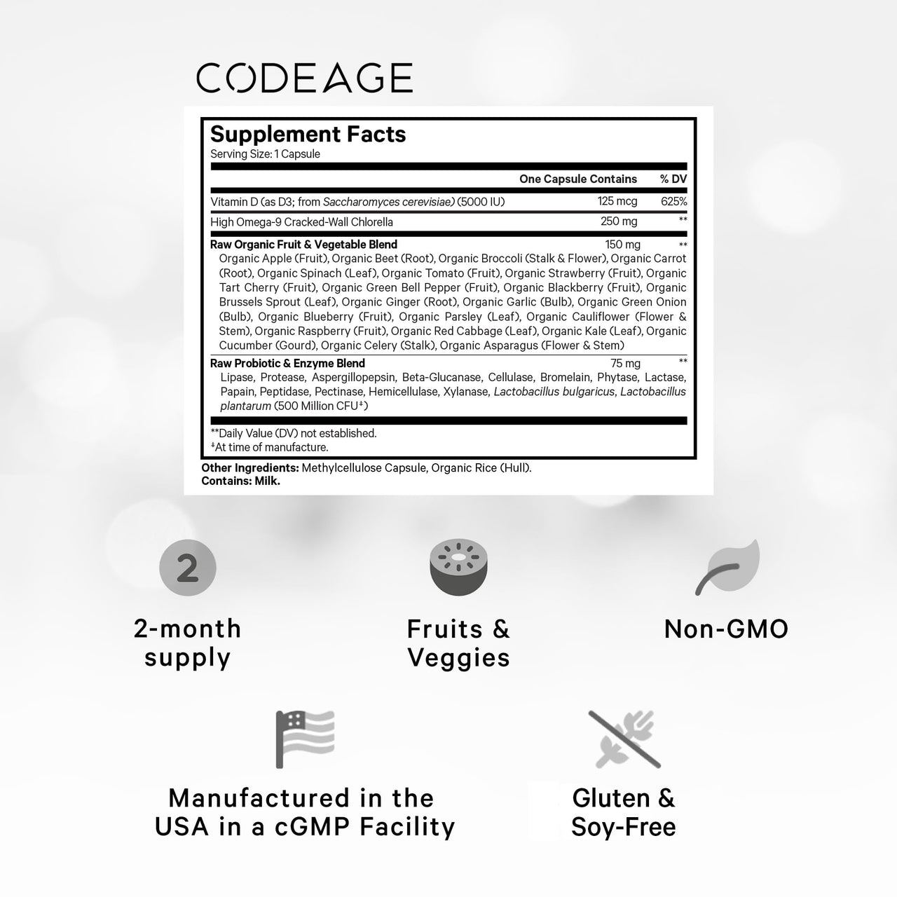 Codeage Raw Vitamin D3+ High Potency 5000 IU Supplement from Saccharomyces Cerevisiae - Raw Vitamin, Probiotics, Digestive Enzymes, Fruits & Greens - 2-Month Supply - 60 Capsules