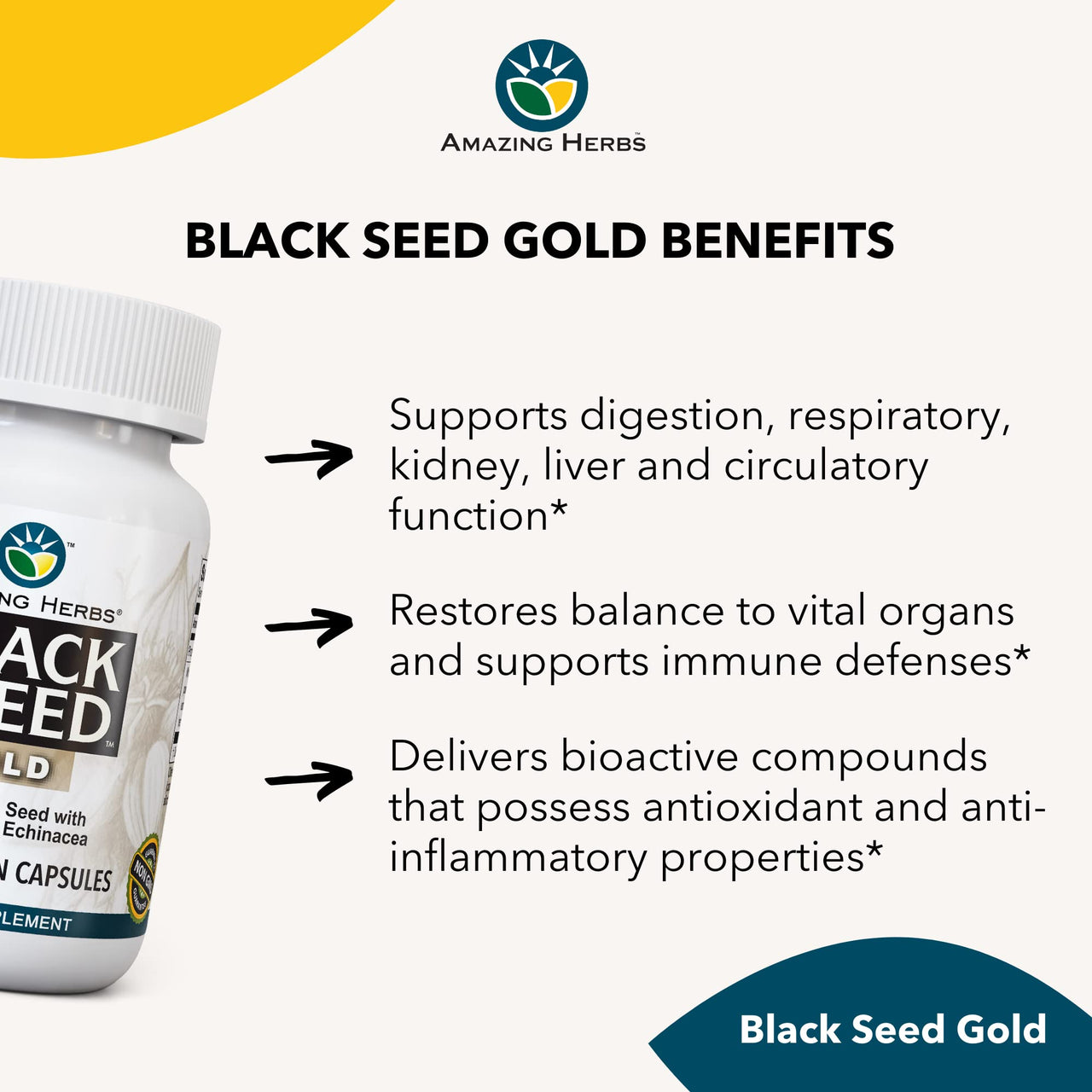 Amazing Herbs Whole Spectrum Black Seed Gold - Black Cumin Seed with Goldenseal & Echinacea, Gluten-Free & Non-GMO, Immune Support, Promotes Health & Wellness - 60 Count