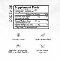Thumbnail for Codeage Liquid Vitamin E+ - USDA-Certified Organic Vitamin E - 2-Month Supply - D-Alpha Tocopherol Acetate, Organic MCT Oil, Orange Fruit Oil, Unflavored, Non-GMO, Vegan, Gluten-Free, 2 fl oz