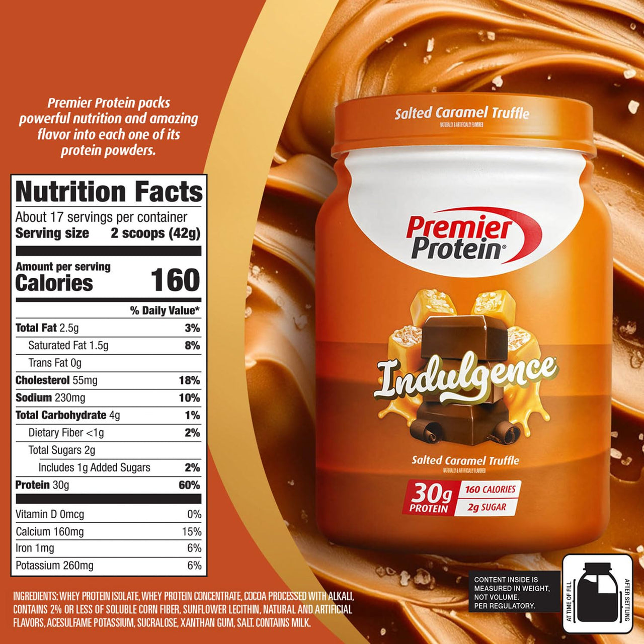 Premier Protein Powder Indulgence, Salted Caramel Truffle, 30g Protein, 160 Calories, 2g Sugar, Gluten Free (17 Servings)