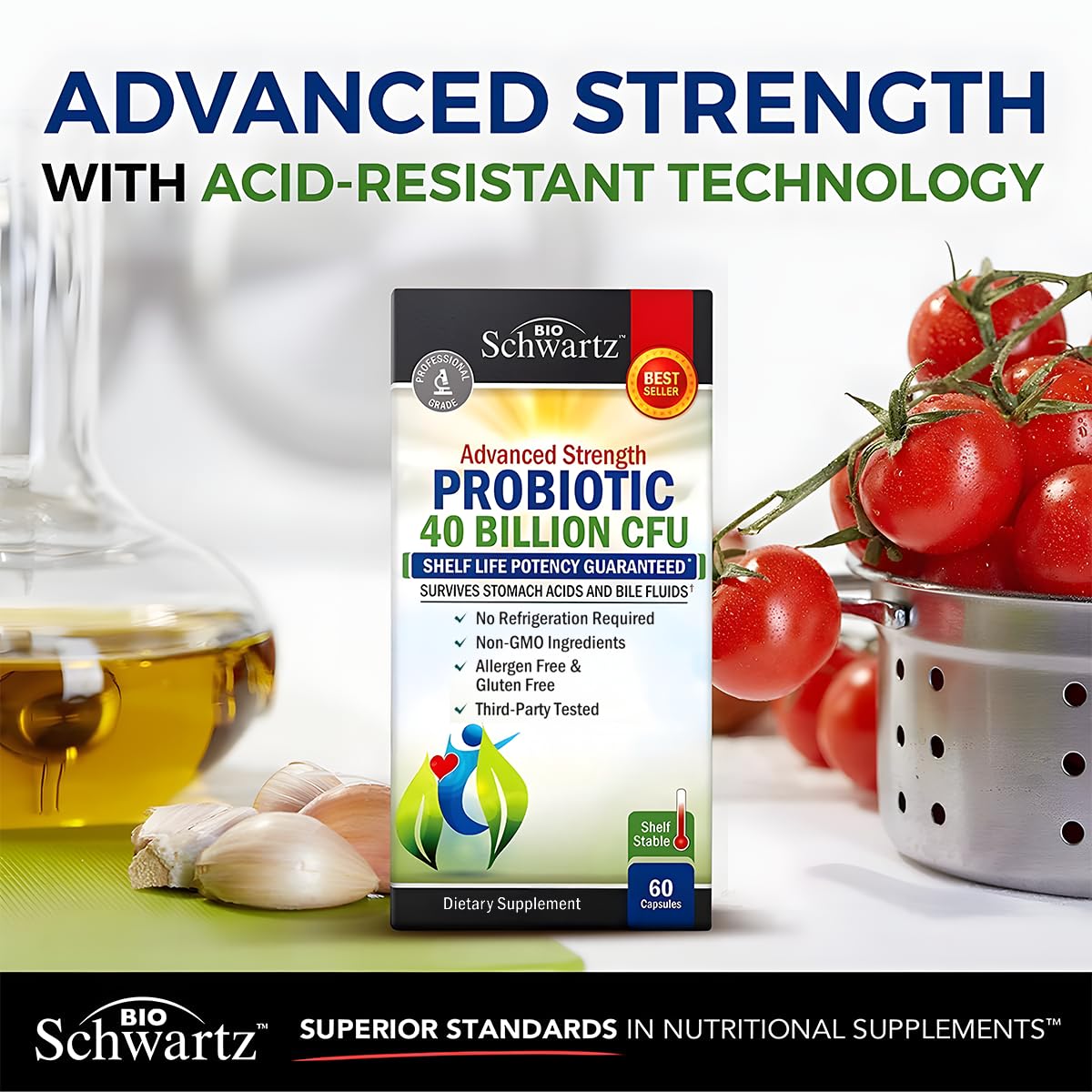 BioSchwartz Daily Probiotic Nutritional Supplement - 40 Billion CFU for Gut Health - Probiotics for Men and Women - Digestive Health with Astragalus & Lactobacillus - Shelf Stable - 60 Count