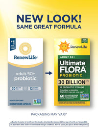 Thumbnail for Renew Life Probiotic Adult 50 Plus Probiotic Capsules, Daily Supplement Supports Urinary, Digestive and Immune Health, L. Rhamnosus GG, Dairy, Soy and gluten-free, 30 Billion CFU, 60 Count