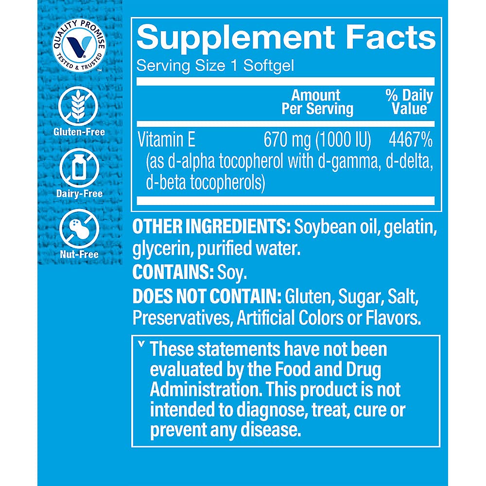 The Vitamin Shoppe Vitamin E 1,000IU - Antioxidant Support for Skin Health & Immune Function, Daily Vitamin (60 Softgels)