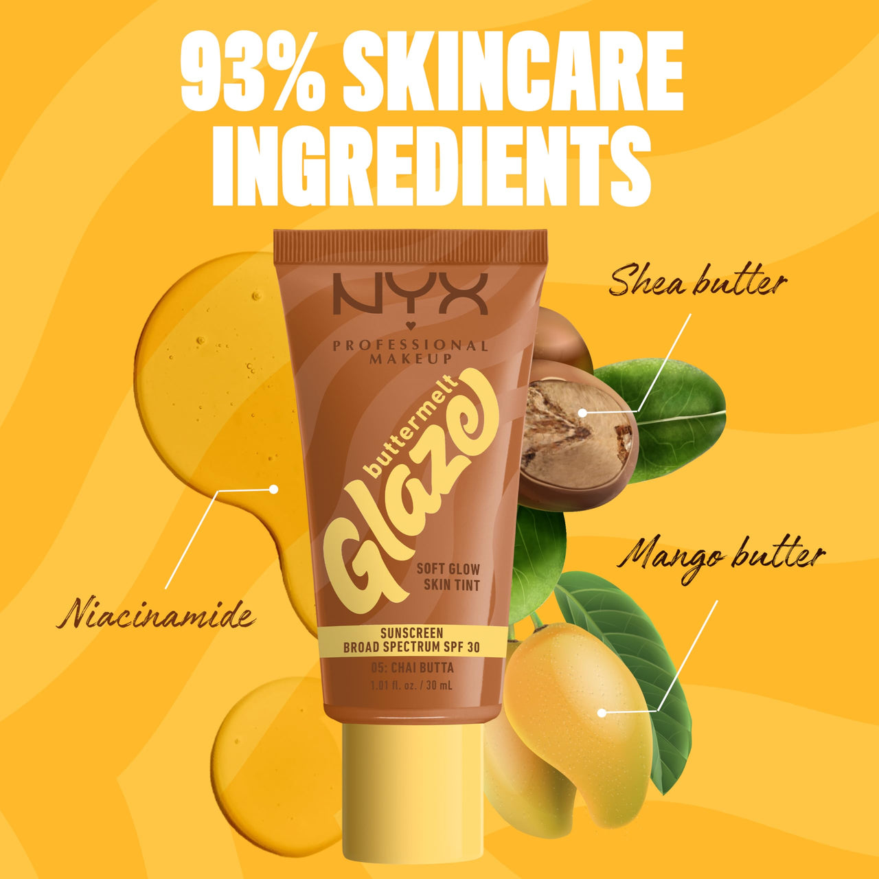 NYX PROFESSIONAL MAKEUP Buttermelt Glaze Soft Glow Skin Tint + SPF 30, Up To 12HR Wear, 05 Chai Butta