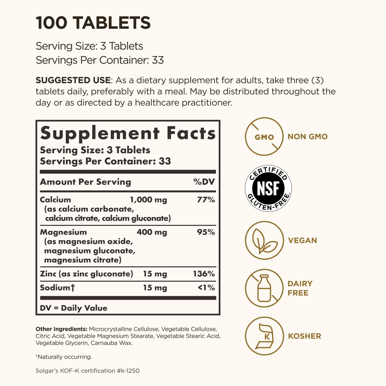 Solgar Calcium Magnesium Plus Zinc, 100 Tablets - Promotes Healthy Bones and Teeth - Supports Nerve & Muscle Function - Non-GMO, Vegan, Gluten Free, Dairy Free, Kosher - 33 Servings