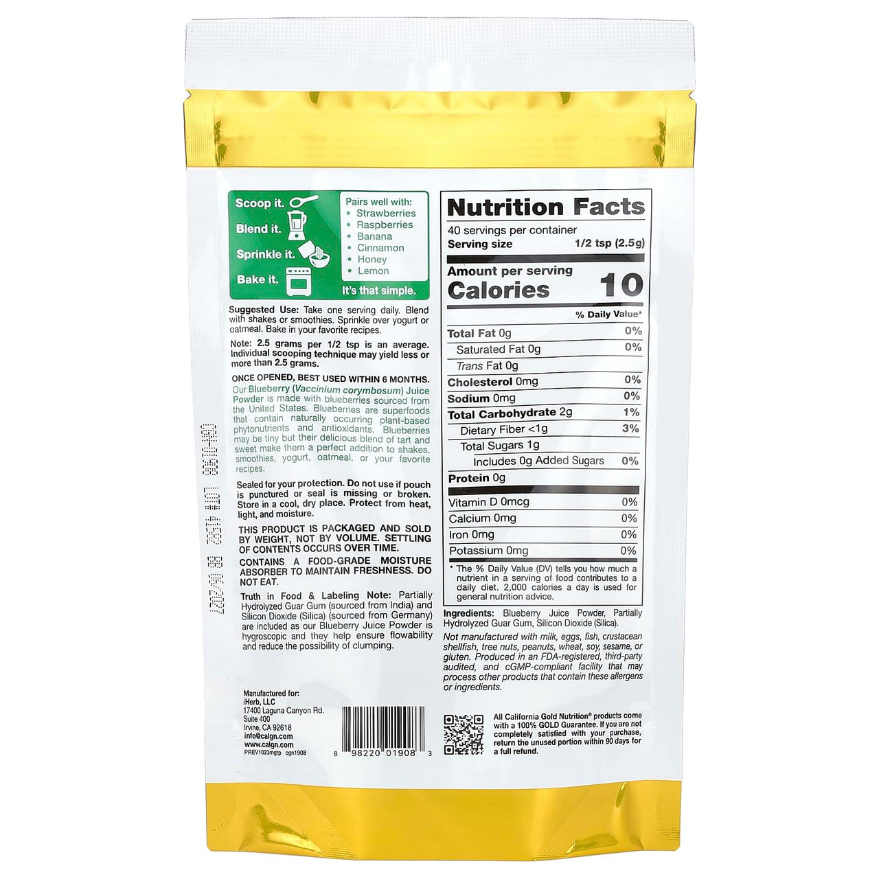 California Gold Nutrition Superfoods, Blueberry Juice Powder, 3.53 oz (100 g)